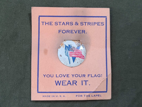 Vintage WWII V for Victory American Flag Tab Button Original Card