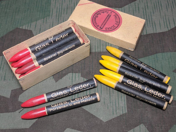 WWII-era German Glass and Leather Marking Crayons - Yellow and Red