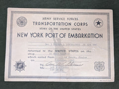WWII 1945 Army Transportation Corps. Port of Embarkation NY Certificate