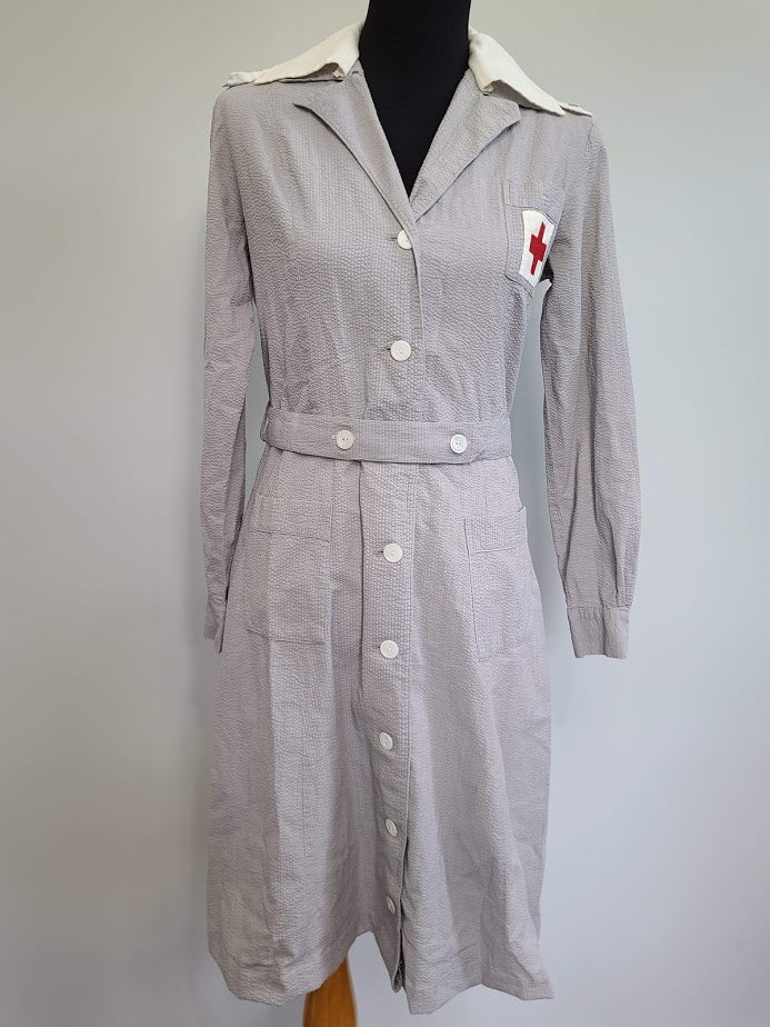 knee length dresses for ladies Red Cross Gray Lady Seersucker Uniform Dress (B-38