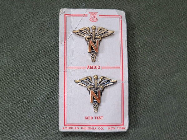 WWII Army Nurse Insignia on Card Women's Uniform Collar Pins