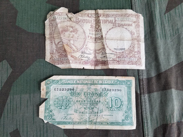 WWII Belgian 10 & 20 Franc Notes Paper Money Belgium 1940s Currency