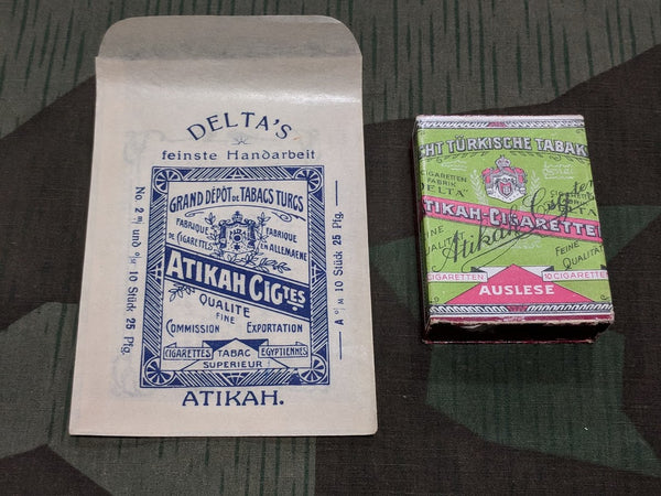 WWII German Atikah Cigarette Set: Cardboard Box & Sales Envelope