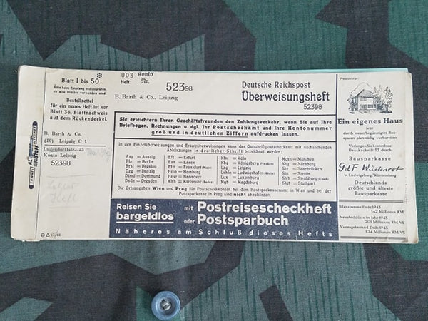WWII German Deutsche Reichpost Bank Transfer Form Booklet