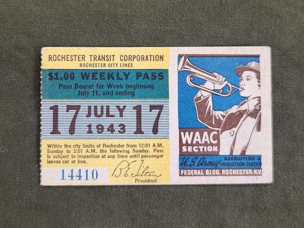Rochester NY 1943 Transit Pass with WAC