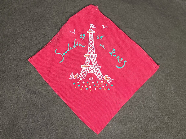 WWII Souvenir of Paris France 1945 Red Hankie Handkerchief