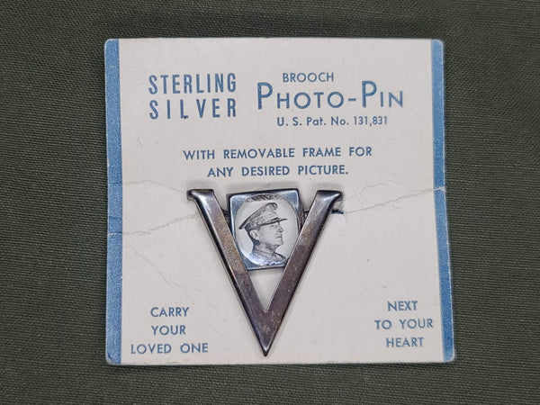 WWII Sterling Silver V for Victory Photo Pin on Card Sweetheart Brooch