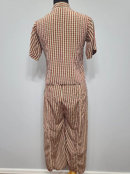 Plaid Silk Pajama Set: Shirt and Pants <br> (B-35.5" W-26" H-38")