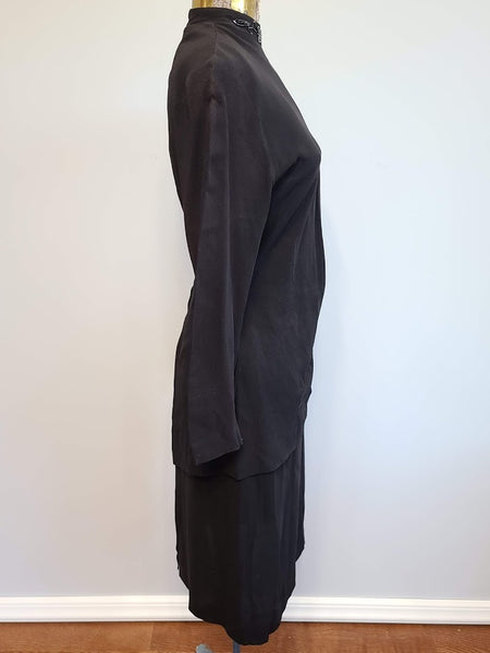 Black Rayon Beaded Skirt Suit Asymmetrical <br> (B-35" W-26" H-35")