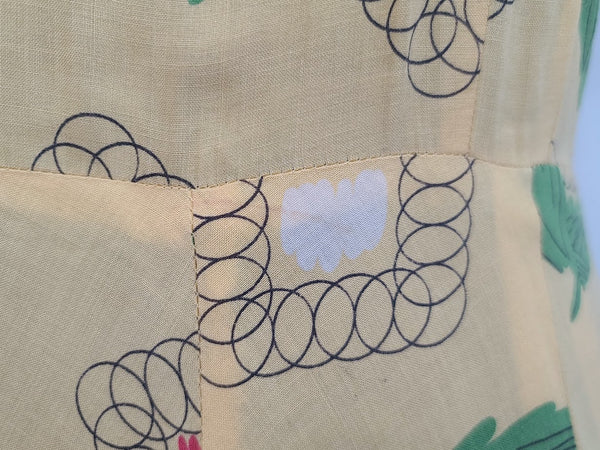 Yellow Abstract Flower Print Dress <br> (B-38" W-30" H-42")