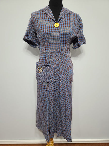 Blue Brown Plaid Dress with Yellow Flower Pocket <br> (B-40" W-28" H-36")