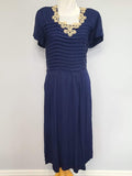 Navy Blue Rayon Dress with Lace Trim and Pleats <br> (B-41" W-33" H-45")