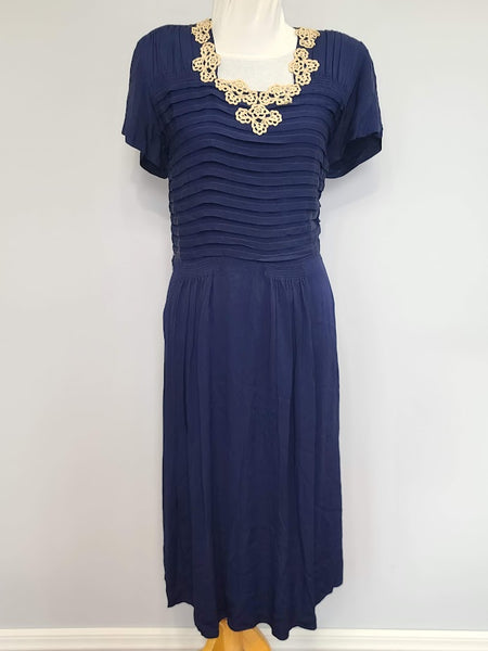 Navy Blue Rayon Dress with Lace Trim and Pleats <br> (B-41" W-33" H-45")