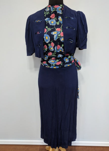Blue Flower Print Dress w/ Matching Jacket <br> (B-39" W-30" H-33")