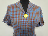 Blue Brown Plaid Dress with Yellow Flower Pocket <br> (B-40" W-28" H-36")