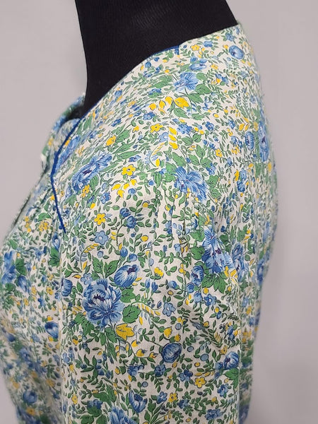 Blue and Green Flower Print Button Down Dress <br> (B-44.5" W-37" H-45")