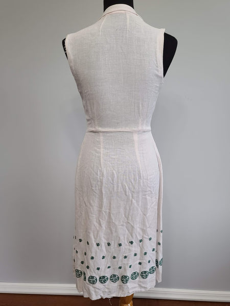 Off-White Sleeveless Dress with Green Design on Skirt <br> (B-35.5" W-26" H-39")