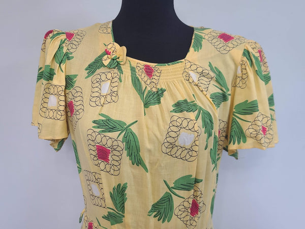 Yellow Abstract Flower Print Dress <br> (B-38" W-30" H-42")