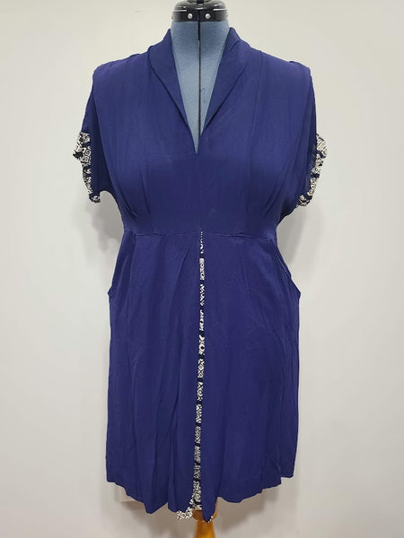 Dark Blue Rayon Dress with Abstract Print Trim <br> (B-42" W-35" H-42")