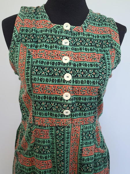 Red Green Print Sleeveless Dirndl <br> (B-35" W-32" H-40" -modified from ~29" waist)