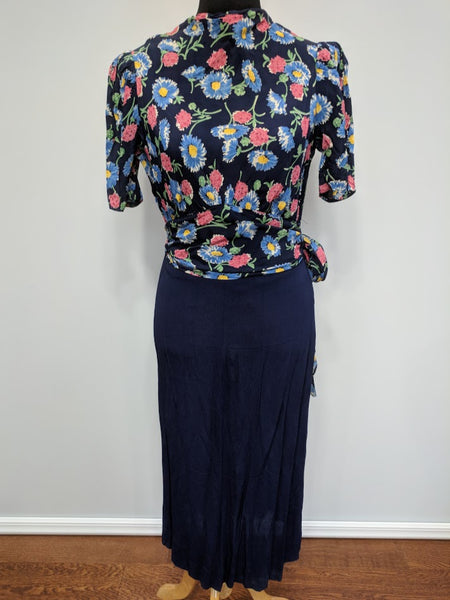 Blue Flower Print Dress w/ Matching Jacket <br> (B-39" W-30" H-33")