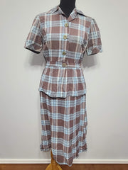 Blue and Tan Plaid Outfit (Blouse and Skirt Set) <br> (B-38" W-28" H-38")