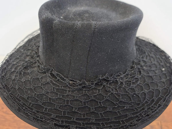 Black Wool Felt Tilt Hat with Netting