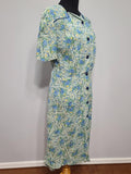 Blue and Green Flower Print Button Down Dress <br> (B-44.5" W-37" H-45")