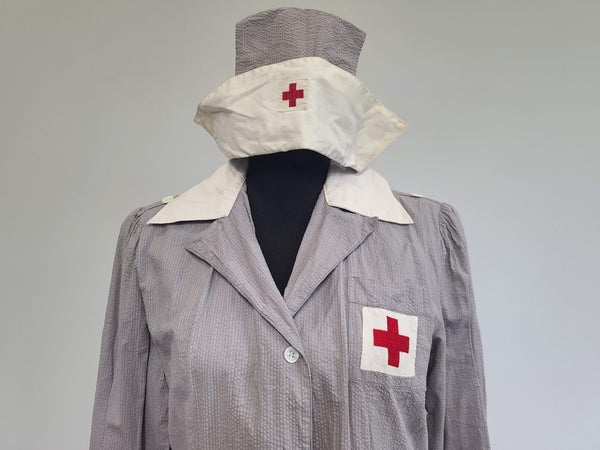Red Cross Gray Lady Seersucker Uniform Dress & Hat <br> (B-44" W-39" H-46")