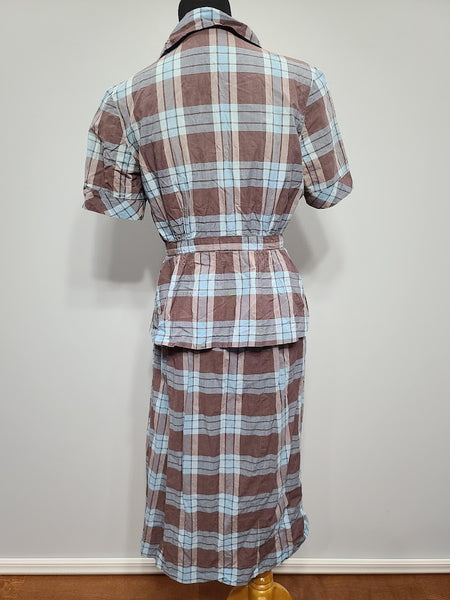 Blue and Tan Plaid Outfit (Blouse and Skirt Set) <br> (B-38" W-28" H-38")