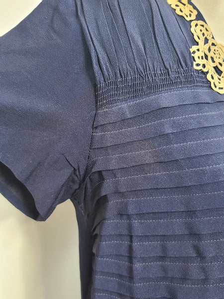 Navy Blue Rayon Dress with Lace Trim and Pleats <br> (B-41" W-33" H-45")