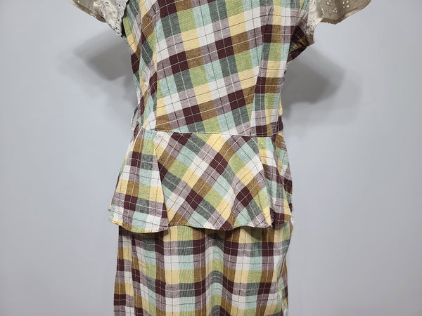Brown, Yellow & Green Plaid Dress <br> (B-36" W-28" H-37")