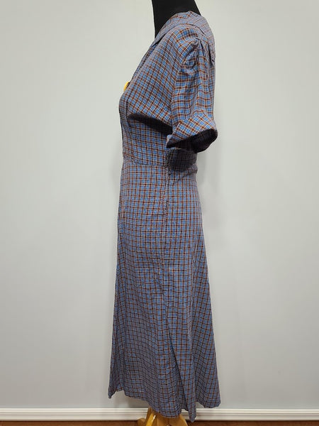 Blue Brown Plaid Dress with Yellow Flower Pocket <br> (B-40" W-28" H-36")