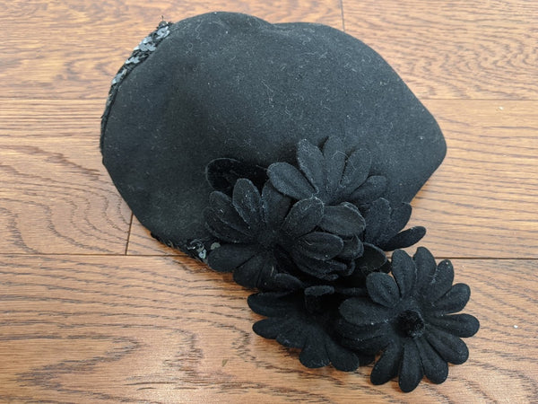 Black Felt Hat Sequins and Flowers