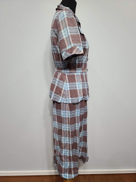 Blue and Tan Plaid Outfit (Blouse and Skirt Set) <br> (B-38" W-28" H-38")