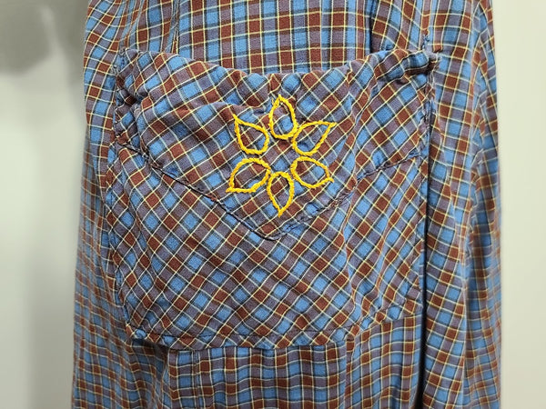 Blue Brown Plaid Dress with Yellow Flower Pocket <br> (B-40" W-28" H-36")