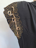 Black Rayon Peplum Dress with Gold Sequins and Soutache <br> (B-33" W-26" H-35")