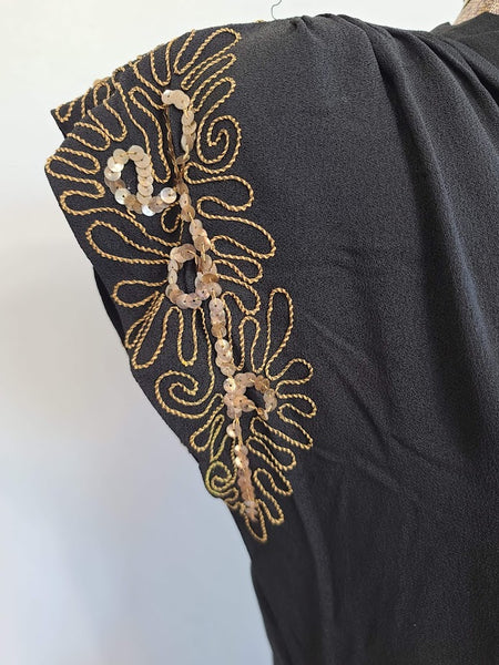 Black Rayon Peplum Dress with Gold Sequins and Soutache <br> (B-33" W-26" H-35")