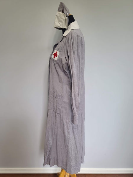 Red Cross Gray Lady Seersucker Uniform Dress & Hat <br> (B-44" W-39" H-46")