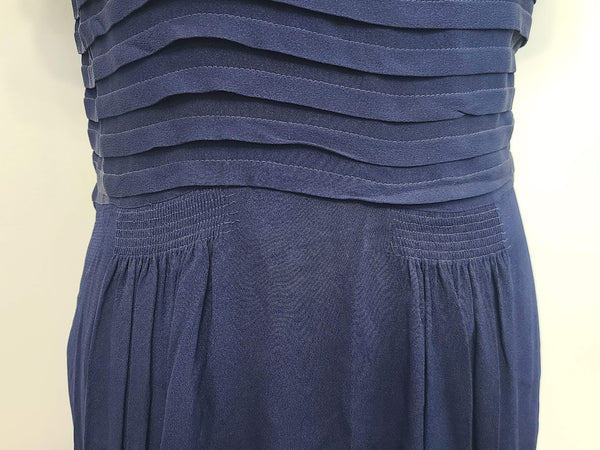 Navy Blue Rayon Dress with Lace Trim and Pleats <br> (B-41" W-33" H-45")