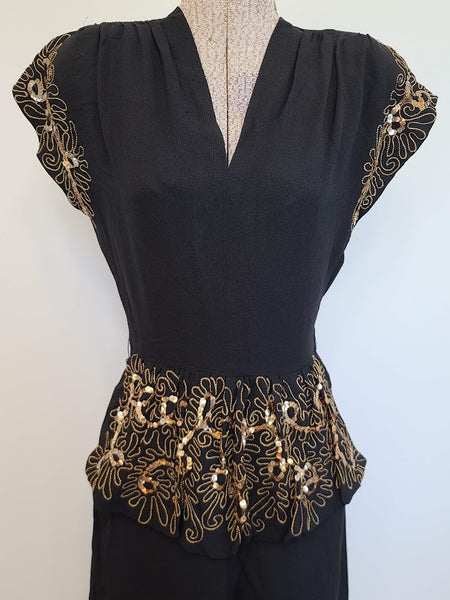 Black Rayon Peplum Dress with Gold Sequins and Soutache <br> (B-33" W-26" H-35")