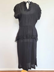 Black Peplum Rayon Dress with Lace Trim <br> (B-39" W-29.5" H-38")