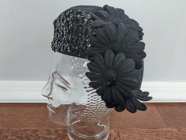 Black Felt Hat Sequins and Flowers