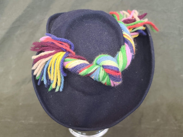 Dark Blue Tilt Hat with Colorful Yarn