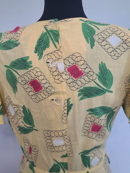 Yellow Abstract Flower Print Dress <br> (B-38" W-30" H-42")