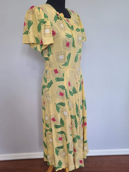 Yellow Abstract Flower Print Dress <br> (B-38" W-30" H-42")