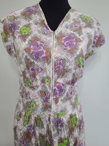 Purple and Green Flower Print Dress <br> (B-40" W-34" H-41")