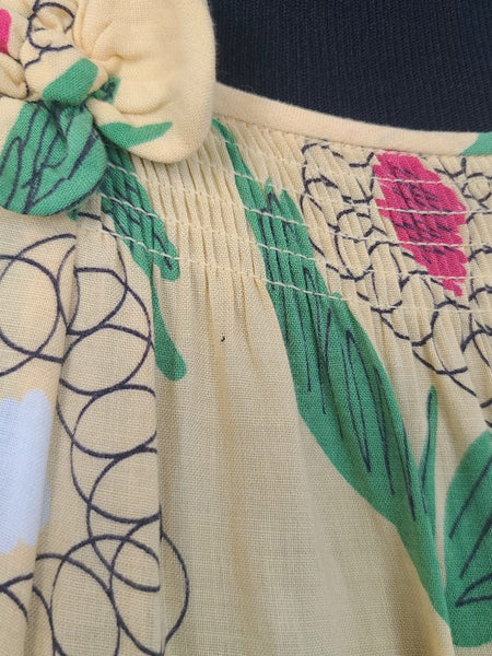 Yellow Abstract Flower Print Dress <br> (B-38" W-30" H-42")