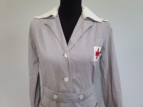 Red Cross Gray Lady Seersucker Uniform Dress <br> (B-38" W-31" H-36")