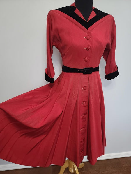 Red Dress with Black Trim and Belt <br> (B-35" W-26" H-full)